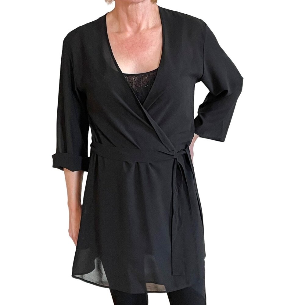 Nine and Company Womens Sheer Black Wrap Intimates Robe sz M